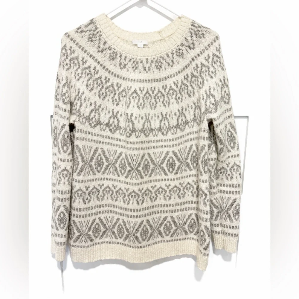 J. Jill Cream & Gray Patterned Crewneck Sweater